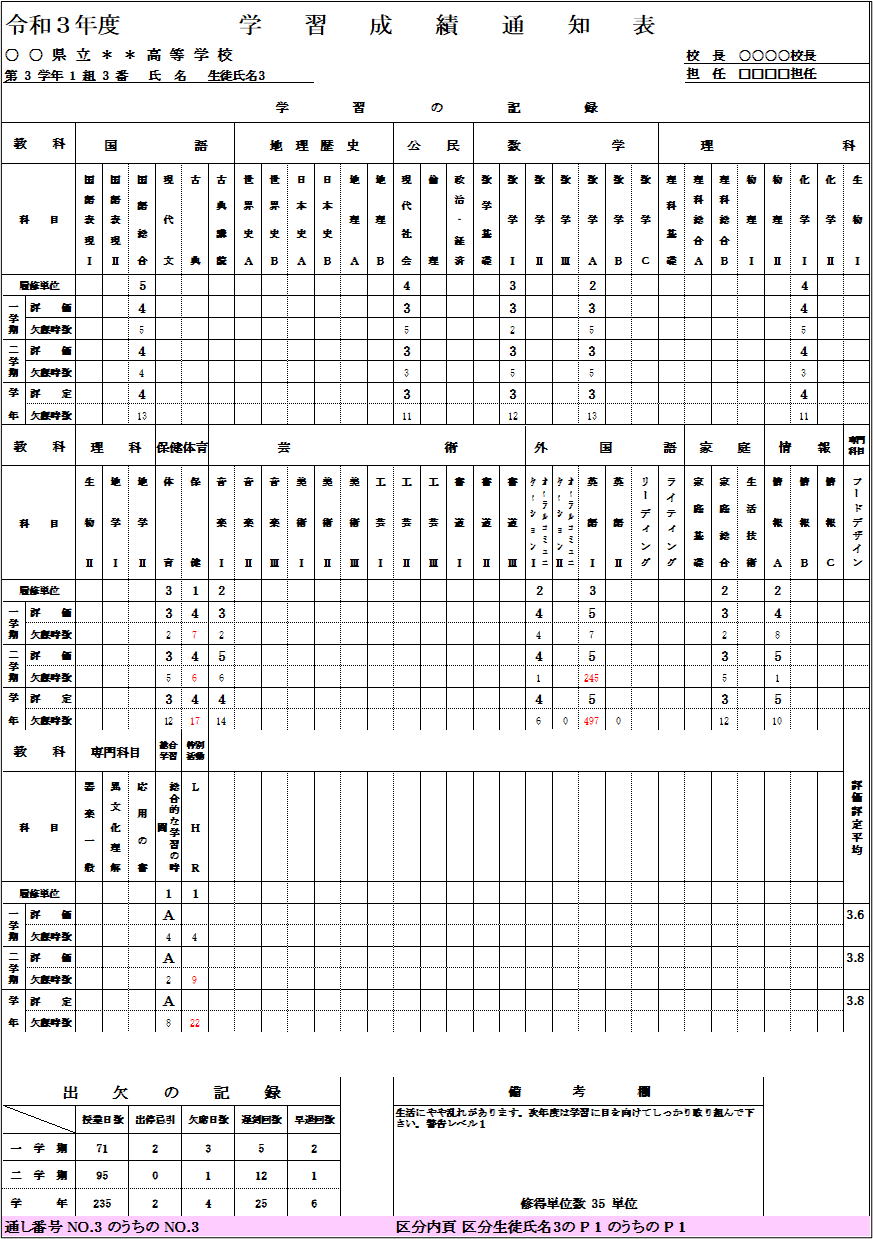 例1進学用調査書(高校用)印刷2枚目画像
